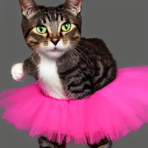 Prompt: a cat wearing a pink ballerina costume, 4 k