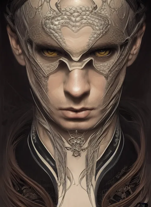 Image similar to symmetry!! portrait of a man with snake hair, gothic, dark, intricate, elegant, highly detailed, digital painting, artstation, concept art, smooth, sharp focus, illustration, art by artgerm and greg rutkowski and alphonse mucha