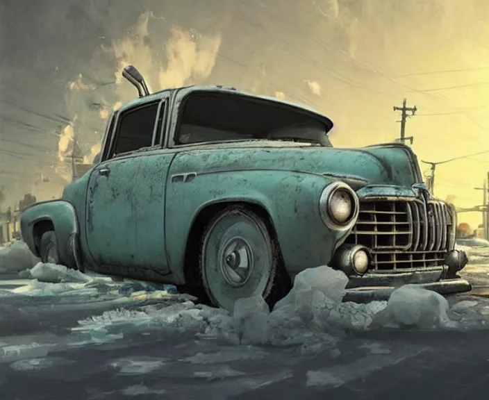 Prompt: an ice sculpture of a vintage car from fallout 4, digital art by studio ghibli and greg rutkowski, beautiful, cold environment, hyperrealism artstyle, amazing lighting