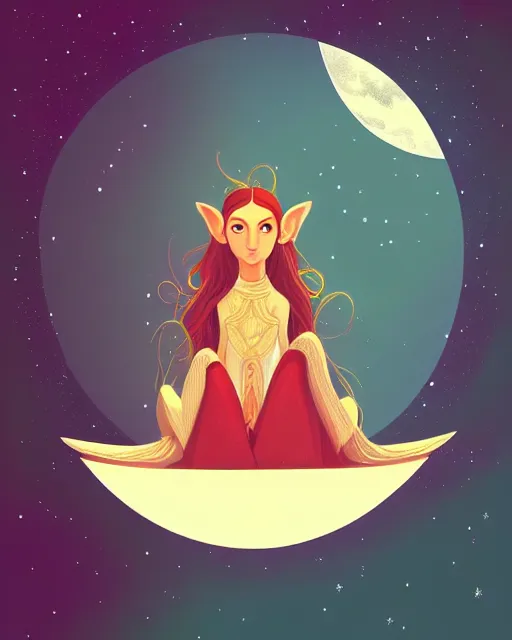 Image similar to beautiful painting of elven sitting on her flying bed and looking at the moon, petros afshar, illustration, highly detailed, simple, smooth and clean vector curves, no jagged lines, vector art, smooth, artstation