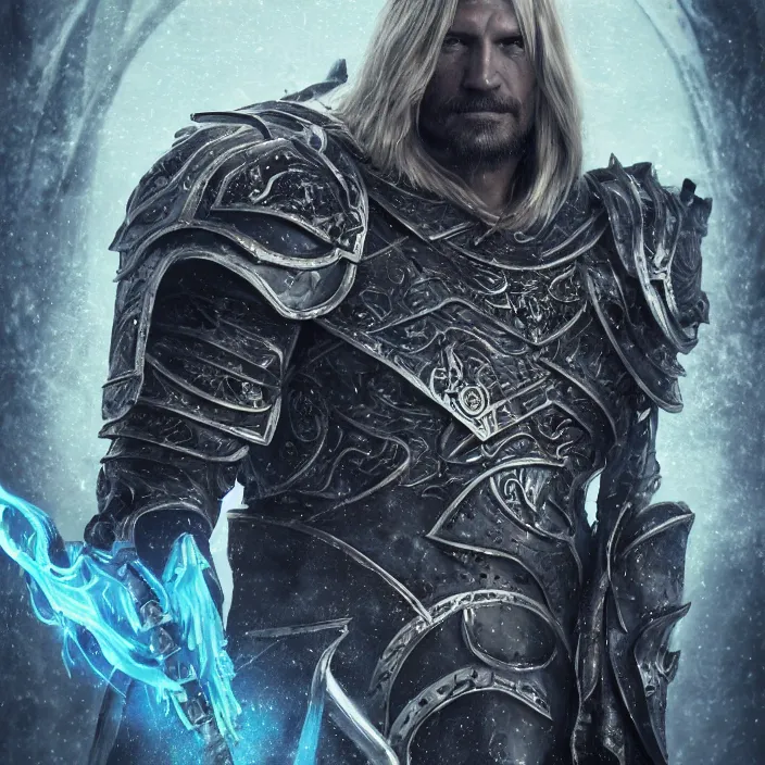 Image similar to portrait of Nikolaj Coster-Waldau as Arthas The Lich Kingdom. intricate abstract. intricate artwork. nightmare fuel. octane render, trending on artstation, very coherent symmetrical artwork. cinematic, hyper realism, high detail, octane render, 8k, iridescent accents