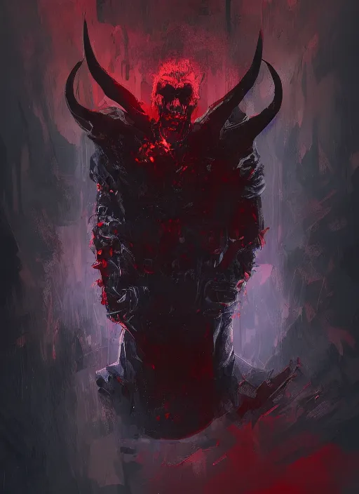 Image similar to dark demonic Joe Biden grinning emperor of the world, high contrast with devil horns, cosmic horror, abstract, masterpiece, trending on ArtStation, by Greg Rutkovski and by Craig Mullins and by David Cronenberg and by Ismail Inceoglu