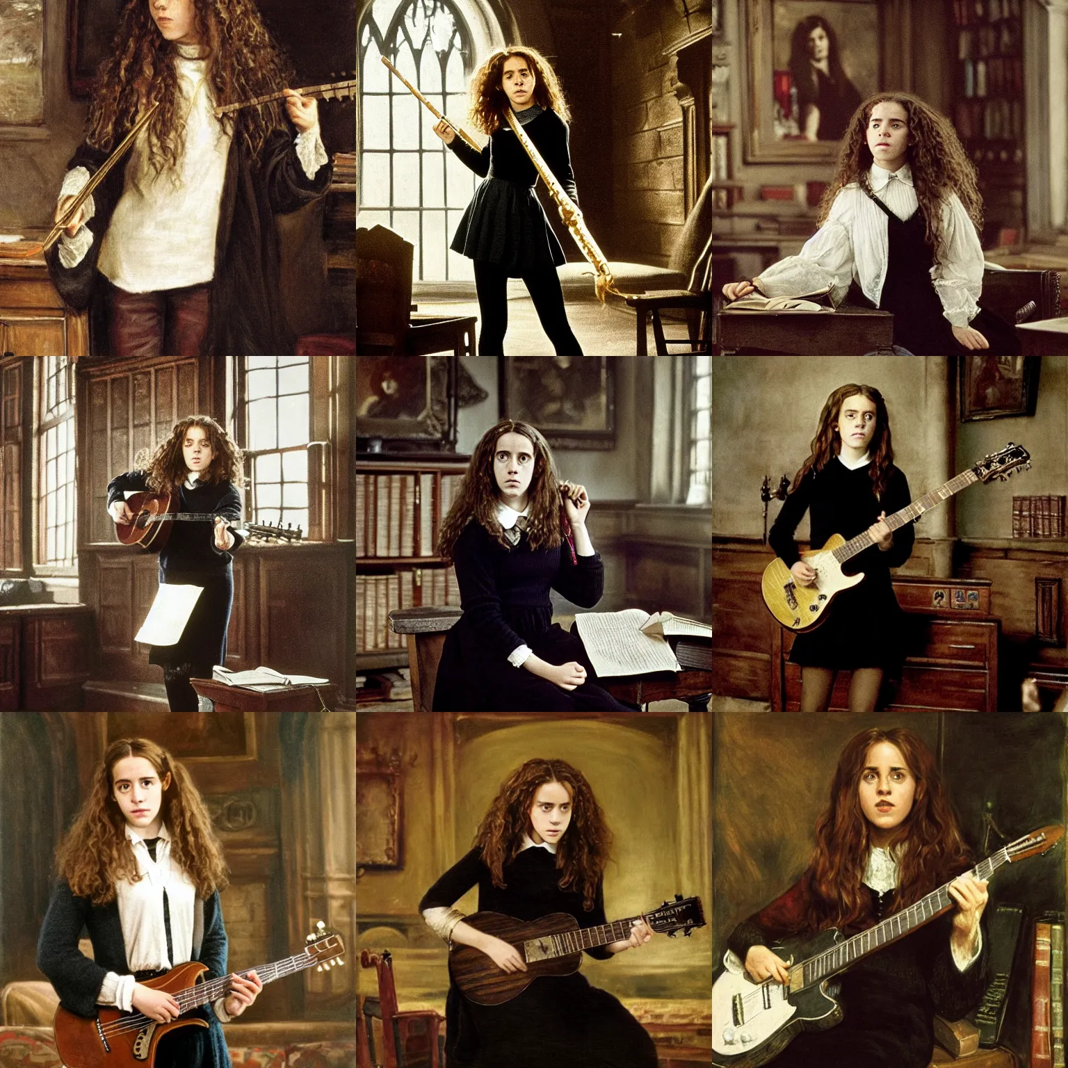 Prompt: Hermione Granger wearing a black sweater, playing a guitar, in the Gryffindor common room, portrait photo by John Constable