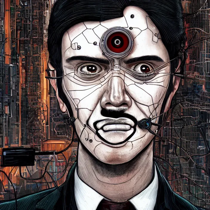 Image similar to A portrait of one! latino mad scientist male with cyborg face looking at the camera with a queasy smile!!, wearing a black suit under a white laboratory coat, in a mixed style of Botticelli and Æon Flux!!, inspired by Simon Stålenhag paintings, and cyberpunk!!!, stunningly detailed, stunning inking lines, flat colors, 4K photorealistic