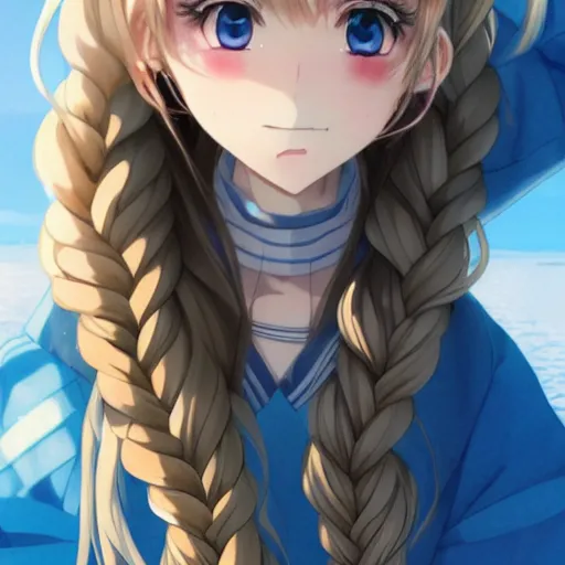 Prompt: a very beautiful anime girl, full body, long braided curly blond hair, sky blue eyes, full round face, short smile, blue clothes, ice snowy lake setting, cinematic lightning, medium shot, mid-shot, highly detailed, trending on Artstation, Unreal Engine 4k, cinematic wallpaper by Stanley Artgerm Lau, WLOP, Rossdraws, James Jean, Andrei Riabovitchev, Marc Simonetti, and Sakimichan