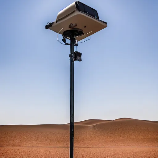 Image similar to peaceful mobile camoflaged rugged weather station sensor antenna on all terrain tank wheels, for monitoring the australian desert, XF IQ4, 150MP, 50mm, F1.4, ISO 200, 1/160s, dawn