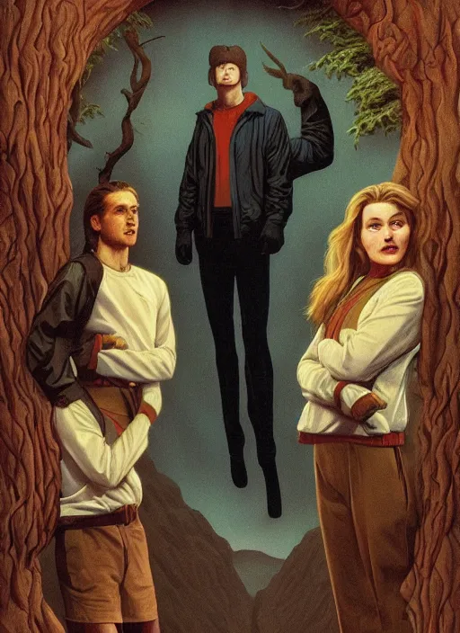 Image similar to twin peaks poster art, by michael whelan, rossetti bouguereau, artgerm, retro, nostalgic, old fashioned, 1 9 8 0 s teen horror novel cover, book, ryan gosling in letterman jacket small town being hunted