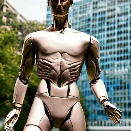 Image similar to a realistic detailed photo of a guy who is an attractive humanoid who is half robot and half humanoid, who is a male android, soccer player cristiano ronaldo, shiny skin, posing like a statue, blank stare, by the pool, on display, showing off his muscles, humanoid robot, mannequin challenge