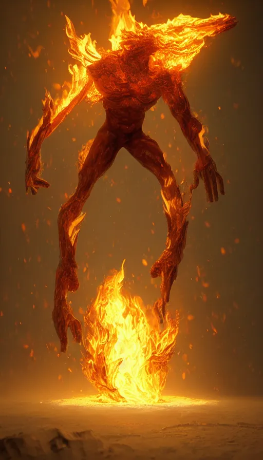 Image similar to fire elemental, man figure, flat background, man body, full body, intricate, beautiful, pathfinder, epic painting, paint texture, uplight, octane rendered, 8k, highly detailed, 3d render, unreal engine, concept art, illustration