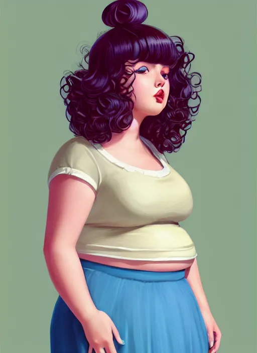 Image similar to full body portrait of teenage betty cooper, obese, bangs, sultry, realistic, sultry smirk, ponytail hairstyle, fluffy bangs, curly bangs, sky blue skirt, fat, belly, intricate, elegant, highly detailed, digital painting, artstation, concept art, smooth, sharp focus, illustration, art by wlop, mars ravelo and greg rutkowski