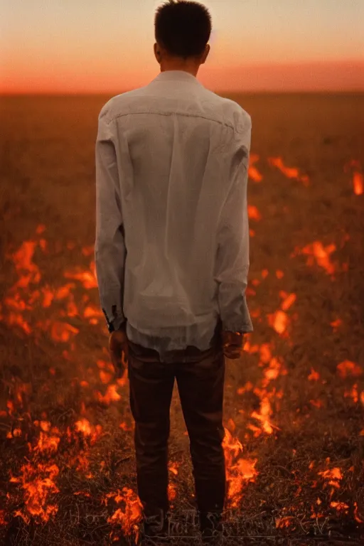 Prompt: kodak ultramax 4 0 0 photograph of justin sun standing in a field of fire, back view, grain, faded effect, vintage aesthetic