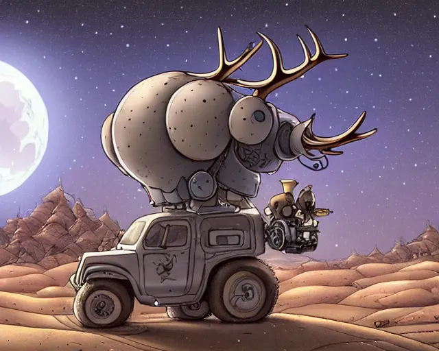 Image similar to a cell shaded cartoon grey lovecraftian mechanized santa + deer robot, with a big head, on a desert road, wide shot, in front of a big moon, muted colors, post grunge, josan gonzales, wlop, by james jean, victor ngai, hq, deviantart, art by artgem