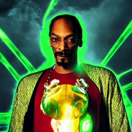 Prompt: Snoop Dogg starring as a futuristic Marvel Super Hero holding green fire for a 2019 Marvel Movie poster, cinematic, 4K, HD