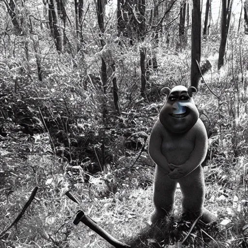 Image similar to shrek b & w trail cam, scary, found footage