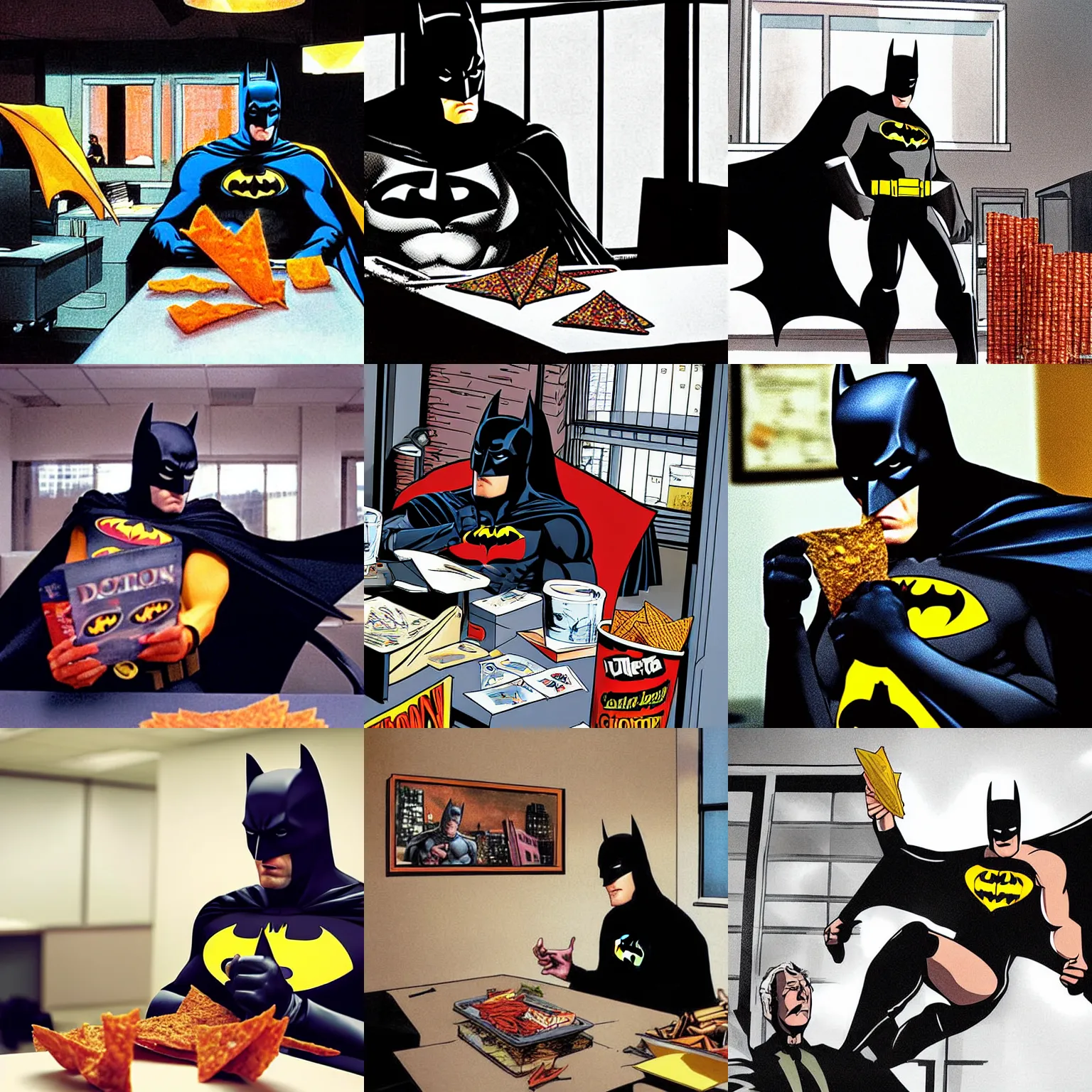 Prompt: Batman eating Doritos in an office, photograph