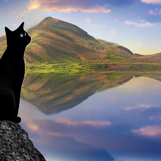 Prompt: a black cat sitting on top of a mountain enjoying the view, stunning digital art