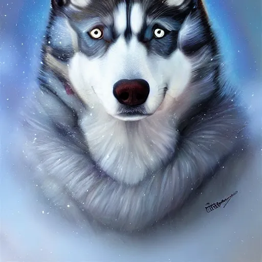 Image similar to Wizard Husky, Fantasy, Forest, Portrait, digital art, artstation, award winning, oil painting