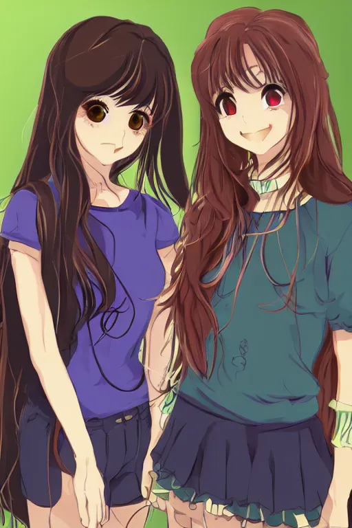 Prompt: two beautiful female idols in causal clothes standing face to face, detailed anime art