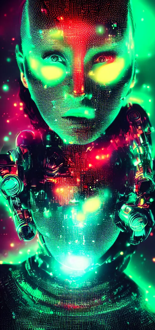 Image similar to dramatic cyberpunk portrait of a metallic woman's face, crystalline, red glow, green glow, blue glow, atmospheric haze, intense shading, chromatic aberration, glitch, backlit, bokeh, centered
