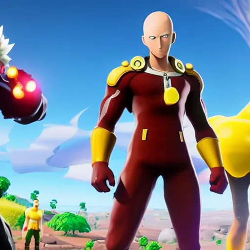 Image similar to one punch man in fortnite, character render, full body shot, highly detailed, in game render