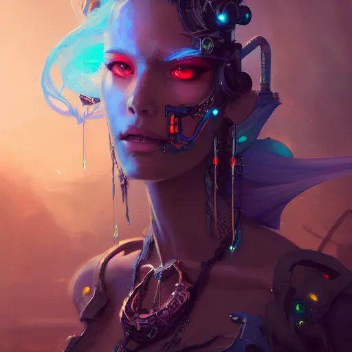 Image similar to a portrait of a beautiful cybernetic gypsy, cyberpunk concept art by pete mohrbacher and wlop and artgerm and josan gonzales, digital art, highly detailed, intricate, sci-fi, sharp focus, Trending on Artstation HQ, deviantart, unreal engine 5, 4K UHD image