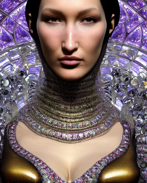 Prompt: a highly detailed metahuman 4 k close up render of a bella hadid as a black latex outfit monument renaissance in iris van herpen dress schiaparelli in diamonds crystals swarovski and jewelry iridescent in style of alphonse mucha gustav klimt trending on artstation made in unreal engine 4