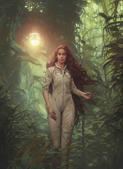 Prompt: a beautiful female astronaut exploring a magical rain forest, D&D, fantasy, intricate, cinematic lighting, highly detailed, digital painting, artstation, concept art, smooth, sharp focus, illustration, art by Terry Moore and Greg Rutkowski and Alphonse Mucha