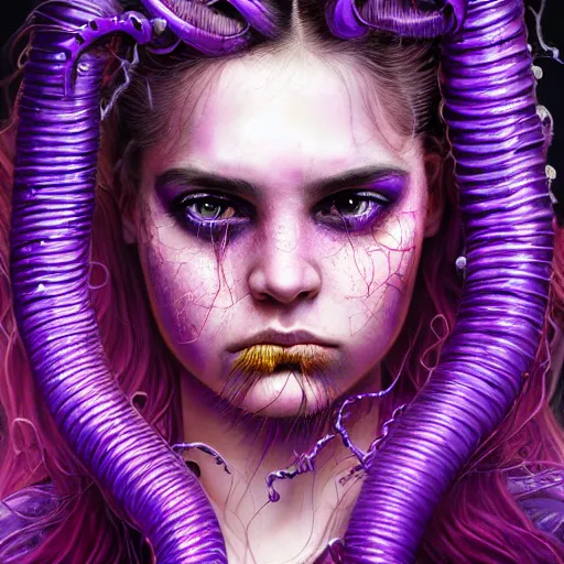 Image similar to detailed photo portrait of a furious teen girl with thin, hair-like purple tentacles on her head and bright purple eyes, 8k,by tristan eaton, Stanley Artgermm,Tom Bagshaw,Greg Rutkowski,Carne Griffiths,trending on DeviantArt, face enhance,hyper detailed ,full of colour, dramatic lightning