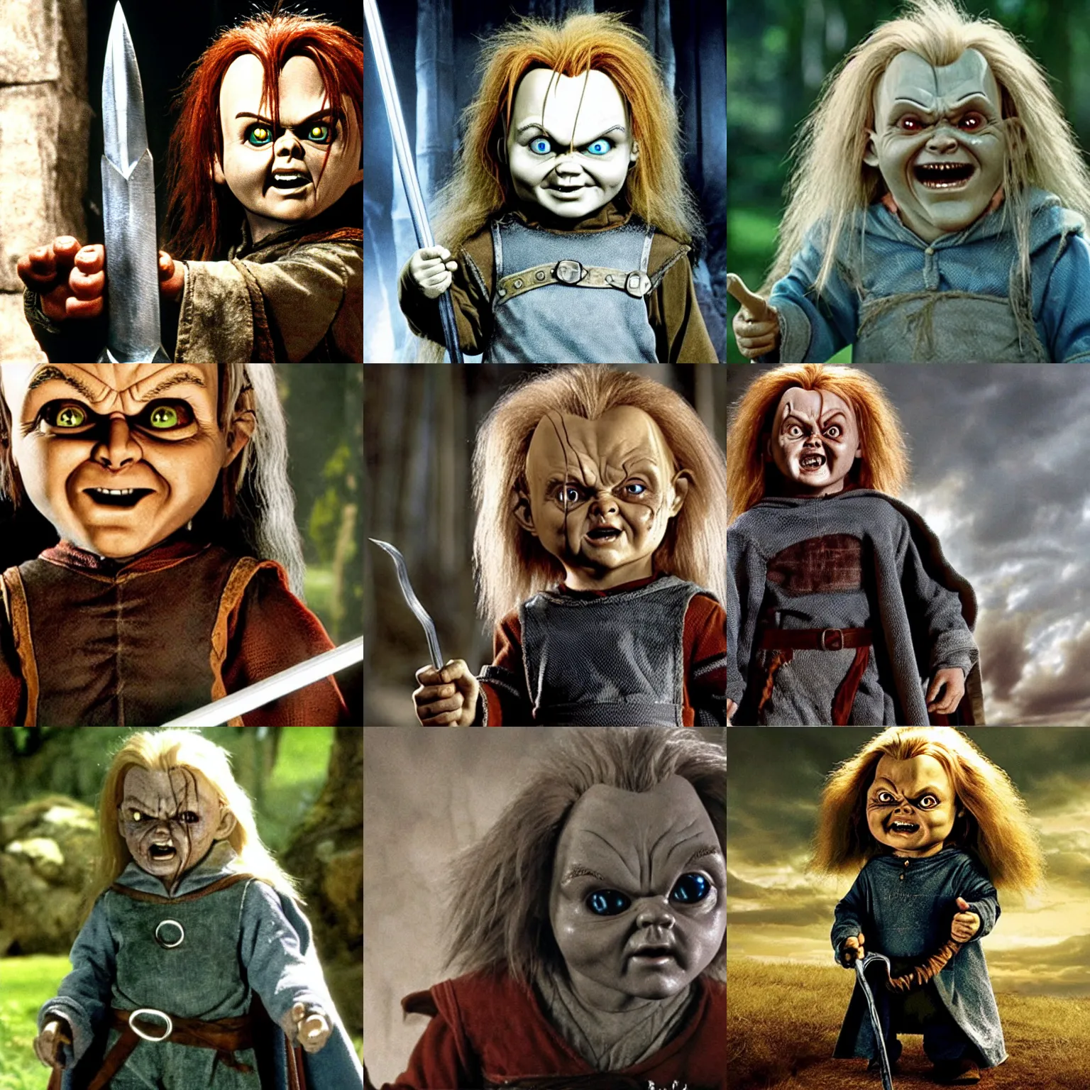 Prompt: chucky as gandalf, still image from lord of the rings
