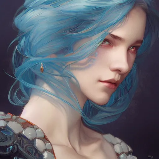 Image similar to a girl with blue hair and red eyes, D&D, fantasy, intricate, elegant, highly detailed, digital painting, artstation, concept art, smooth, sharp focus, illustration, art by artgerm and greg rutkowski and alphonse mucha