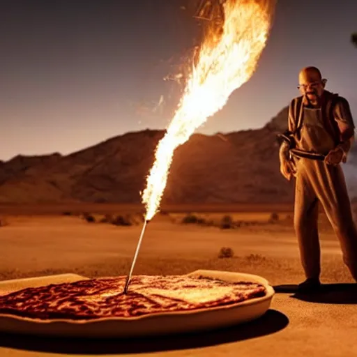 Image similar to walter white cooking a pizza with a blowtorch in the desert, cinematic view, dramatic pose, dramatic lighting