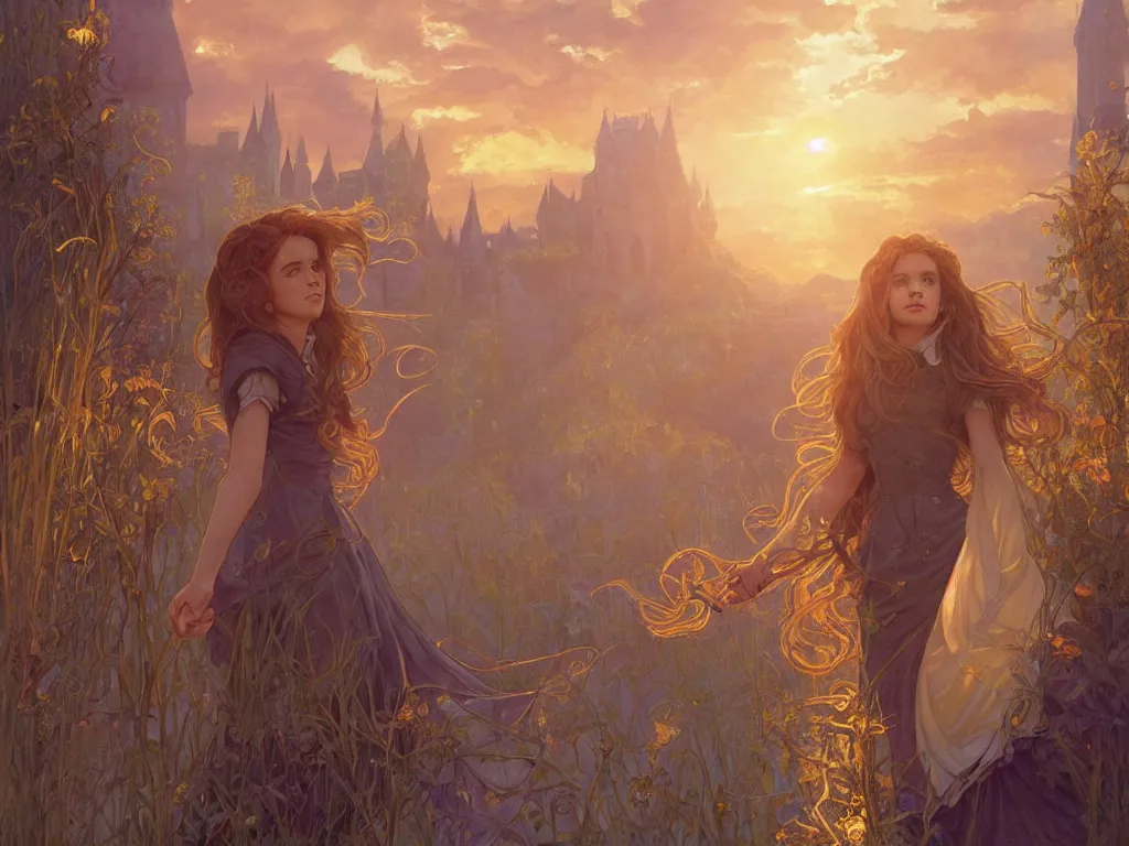 Image similar to hermione granger with hogwarts as background at sunset, highly detailed, gold filigree, romantic storybook fantasy, soft cinematic lighting, award, disney concept art watercolor illustration by mandy jurgens and alphonse mucha and alena aenami, pastel color palette, featured on artstation
