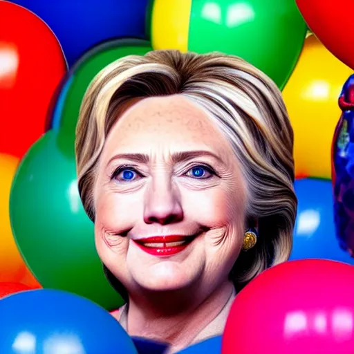 Prompt: lizard faced Hillary Clinton looking at brightly colored balloons, photo, detailed, 4k