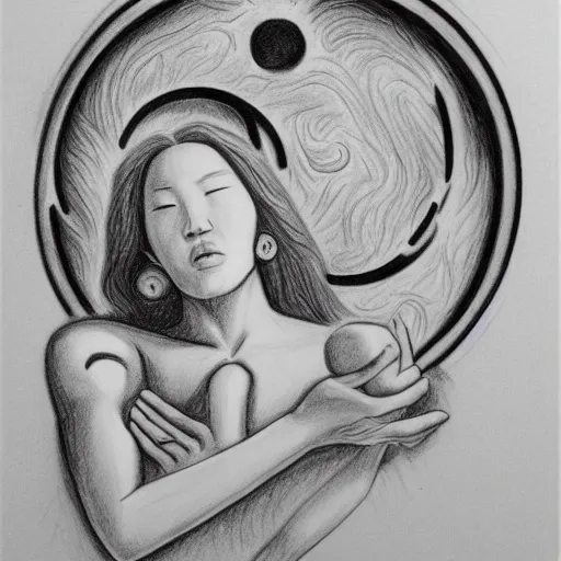 Image similar to a drawing of a woman giving birth to yin - yang daoist symbol, black and white detailed pencil drawing gaia