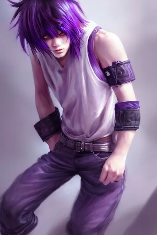 Image similar to gorgeous!!! hyper - realistic teenager boy with purple hair, purple eyes with red eye markets, slim body, wearing combat japanese clothes, holding a fan | drawn by wlop, drawn by jeehyung lee, drawn by artgerm | intricate, highly detailed, digital painting, character design, concept art, illustration, artstation