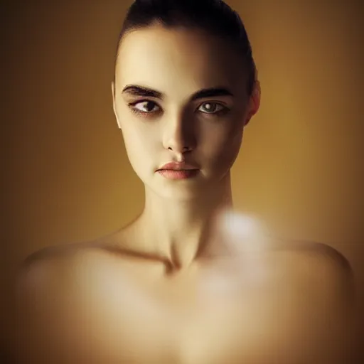 Prompt: attractive and charming female portrait, mixed-race, asymmetrical face, ethereal volumetric light, sharp focus