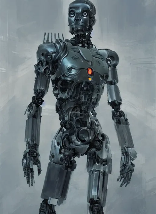 Prompt: cyborg, borg, android, strogg, face of a man, body of a robot, droid from a video game, concept art by ruan jia