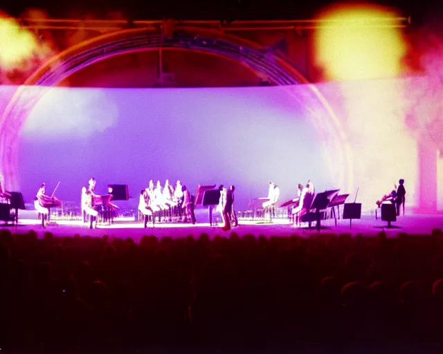 Prompt: orchestra on stage, band playing, giant led screens, soft colors, glowing - thin - wires, smoke, dust, ultrafine detail, ornate, associated press photo, band playing instruments, smoke, detailed projections, volumetric