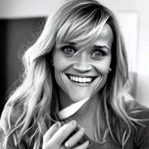 Prompt: reese witherspoon, holding a spoon, photography, smiling, portrait, soft focus