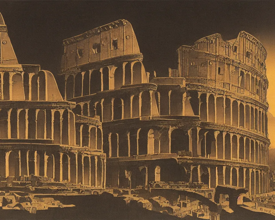 Image similar to achingly beautiful print of the Colosseum and triumphal arch bathed in moonlight by Hasui Kawase and Lyonel Feininger.