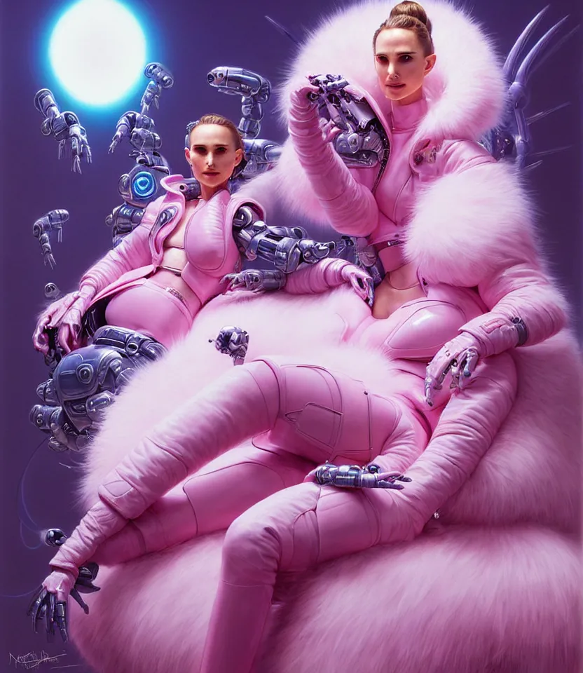 Image similar to beautiful fantasy character portrait of a natalie portman cyborg, wearing pink puffy bomber jacket with white fur, seductive reclining pose, lasers, ultra realistic, dramatic lighting, robots, the fifth element artifacts, highly detailed by peter mohrbacher, hajime sorayama, wayne barlowe, boris vallejo, aaron horkey, gaston bussiere, craig mullins