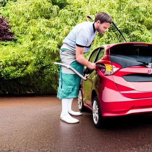 Prompt: baked beans man cleaning a honda jazz in the driveway overcast weather