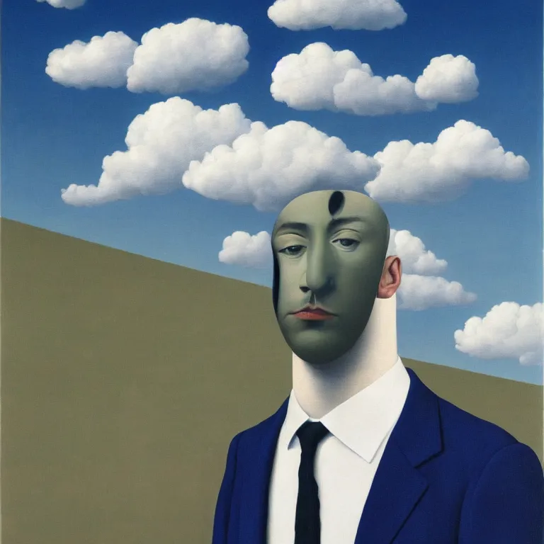 Image similar to portrait of a faceless mirror - head man in a suit, clouds in the background, by rene magritte, detailed painting, distance, middle centered, hd, hq, high resolution, high detail, 4 k, 8 k