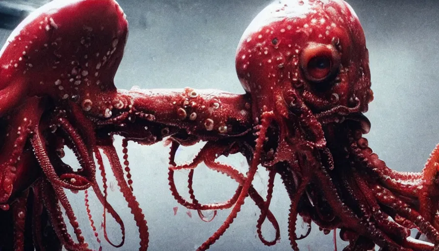 Image similar to Big budget horror movie, a squid bloodily rips out a man's intestines while a cyborg watches an octopus