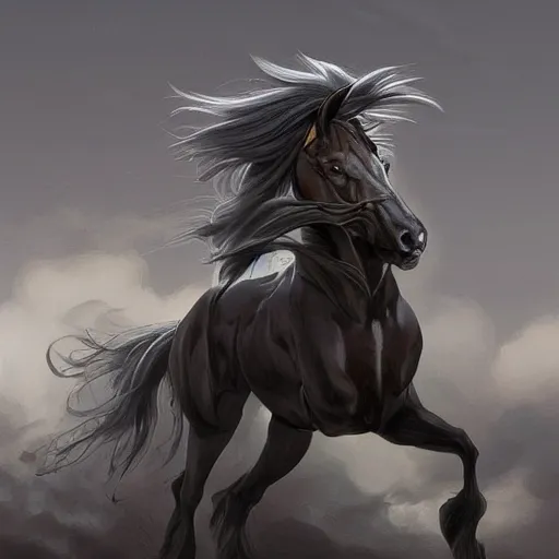 Prompt: a enormously muscled black - coated anthro horse with long white hair wearing tactical kevlar fabric, exaggerated muscle physique, highly detailed, furry, furaffinity, digital painting, artstation, sharp focus, smooth, concept art, illustration, art by artgerm, greg rutkowski, makoto shinkai