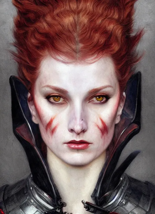 Image similar to portrait demon half human, elegant, wearing a bomber jacket, armor, hyper realistic, whitehorns, extremely detailed, dnd character art portrait, fantasy art,, dramatic lighting, vivid colors, artstation, by edgar maxence and caravaggio and michael whelan and delacroix, lois van baarle and bouguereau