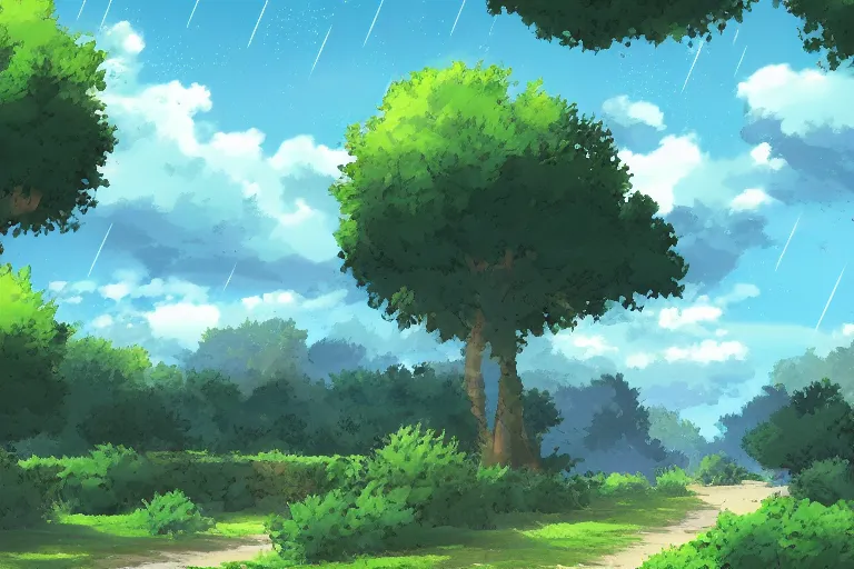 Image similar to landscape, summer, rain, morning, beautiful cloud, quiet, no people, Anime Background, illustration, sharp focus, intricate, super wide angle, trending on artstation, trending on deviantart, pixelart, pixelperfect, pixel art, pixel, color limit, nearest neighbor, hard edges