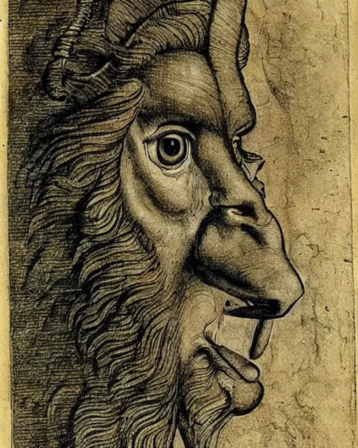 Image similar to a creature with four faces in one, human eyes, eagle beak, lion mane, two horns on the head, drawn by da vinci. symmetrical