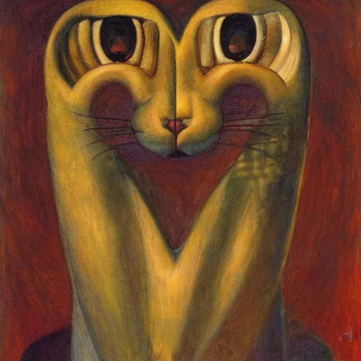 Prompt: masterpiece painting of an ancient polychrome sculpture of a mechanical cat head, by annie swynnerton and diego rivera and nicholas roerich and jean delville, symbolist, dramatic lighting, god rays, elaborate geometric ornament, art brut, rich colors, smooth sharp focus, extremely detailed, adolf wolfli