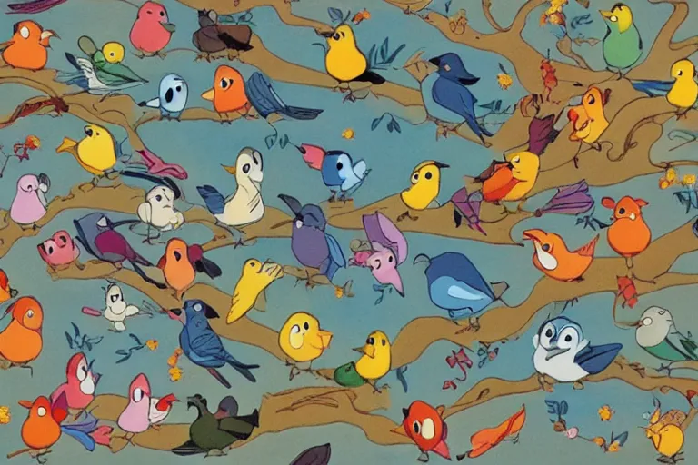 Image similar to cartoon of a thousand happy birds, from a disney animated film